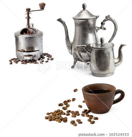 Coffee grinder, teapot, coffee pot and clay cup isolated on white. Collage. 103524553