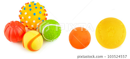 Set of balls, toys for dogs isolated on white. Wide photo. There is space for text. 103524557