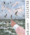 Modern Boho Sea Beach with Waves Art Print. Abstract Minimal Background. Hand pointing at the seagulls on the sea.Bohemian printable wall art, boho poster, pastel abstract art, landscape drawing, sea 103524788