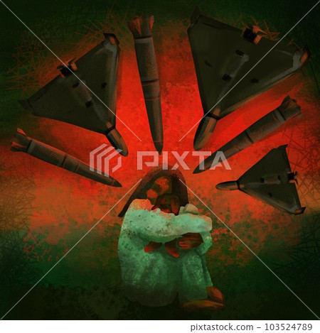 A frightened girl with a toy in her hands sits under the shelling of rockets and the Iran Shaheds. War in Ukraine. The suffering of children from armed conflict A frightened girl with a toy in her hands sits under the shelling of rockets and the Iran Shaheds. War in Ukraine. The suffering of children from armed conflict 103524789