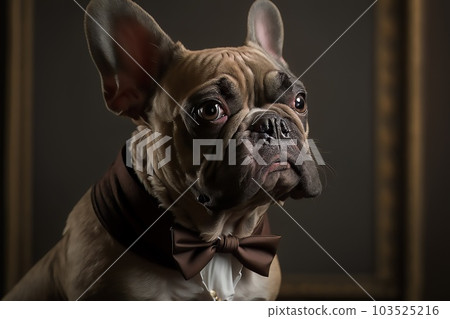 A dog French bulldog, in brown tie-bow, sitting indoors 103525216