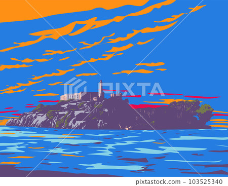 Alcatraz Island at Dusk in San Francisco California WPA Art Deco Poster 103525340
