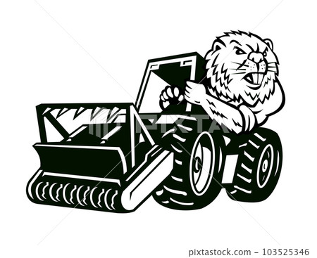 Angry Beaver Driving Mulching Tractor Mascot Cartoon Retro 103525346
