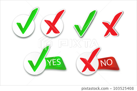 Yes and No check marks. Cross check mark icons, flat round buttons set. Yes and No check marks. Cross check mark icons, flat round buttons set. 103525408