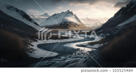aerial view of glen Etive in winter near glencoe in the argyll region of the highlands of scotland showing snow dusting on the mountains and munros. Generative AI. 103525484