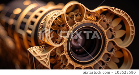 Detailed close up antique surreal old luxury gold camera. Generative AI Detailed close up antique surreal old luxury gold camera. Generative AI 103525590