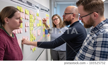 Smiling diverse colleagues discussing creative startup ideas on sticky papers on board close up, successful employees looking at stickers, brainstorming. Generative AI. 103525732