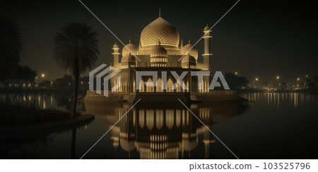 The beautiful serene Mosque at night in the blessed month of Ramadan, the illuminated . Generative AI 103525796