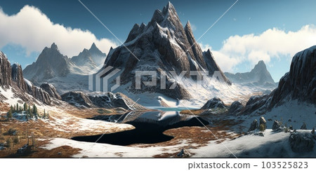 Panorama of a colored mountain landscape with the snow covered mountains. Generative AI. 103525823