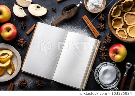 Set of backing ingredients with empty cookbook. Generative AI 103525924