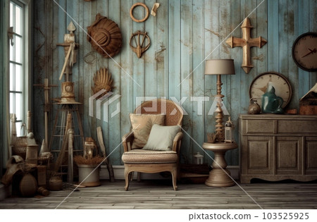 Vintage beach house wooden blue white interior. Generative AI 103525925