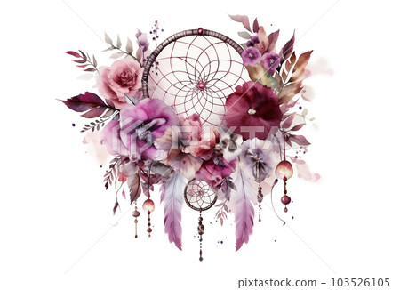Watercolor dream catchers with flowers and feathers. Generative AI Watercolor dream catchers with flowers and feathers. Generative AI 103526105