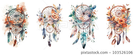 Watercolor dream catchers with flowers and feathers. Generative AI Watercolor dream catchers with flowers and feathers. Generative AI 103526106