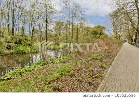 a river in the middle of a park with trees on both sides and bushes growing along the path to the right 103526586