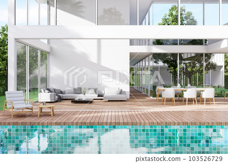 Modern style white house exterior with wooden terrace and blue tile swimming pool 3d render 103526729