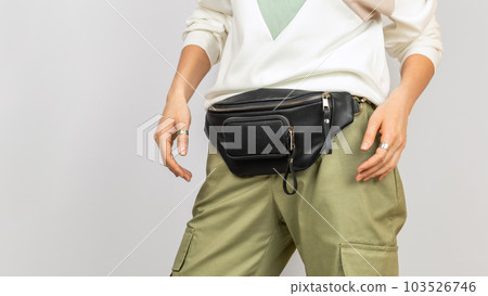 Black Genuine Leather Belt Bag on a Woman Black Genuine Leather Belt Bag on a Woman 103526746