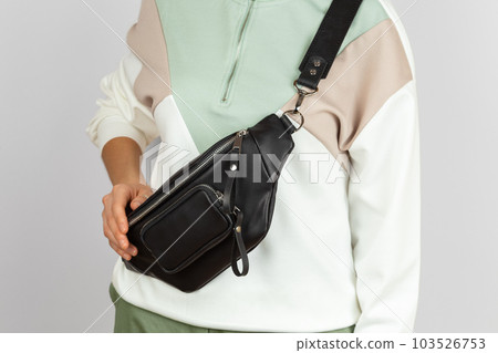 Black Leather Crossbody Fanny Pack Bag Close Up 103526753