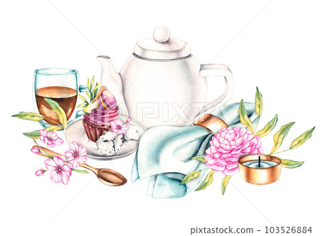 Watercolor tea composition with flowers and desserts Watercolor tea composition with flowers and desserts 103526884