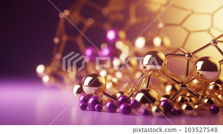Molecular cosmetics, molecular chain of golden molecules violet background, golden threads cosmetology. concept of health beauty Molecular cosmetics, molecular chain of golden molecules violet background, golden threads cosmetology. concept of health beauty 103527548