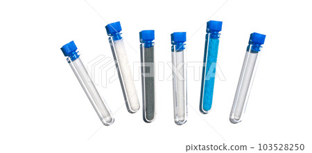 Sodium Hydroxide Pellets, Zinc Granules and Copper(II) Sulfate in test tube with plug cap. Cosmetic chemicals ingredient on laboratory table. Sodium Hydroxide Pellets, Zinc Granules and Copper(II) Sulfate in test tube with plug cap. Cosmetic chemicals ingredient on laboratory table. 103528250