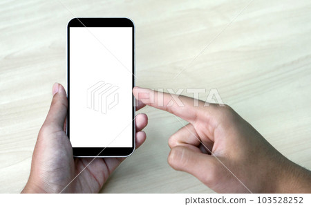 Close up smartphone with white screen on man hand. Close up smartphone with white screen on man hand. 103528252
