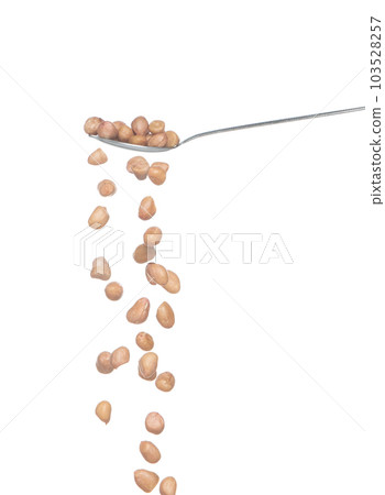 Peanut fall, brown grain peanuts explode abstract cloud fly from silver spoon. Beautiful complete seed pea peanuts, food object design. Selective focus freeze shot white background isolated Peanut fall, brown grain peanuts explode abstract cloud fly from silver spoon. Beautiful complete seed pea peanuts, food object design. Selective focus freeze shot white background isolated 103528257