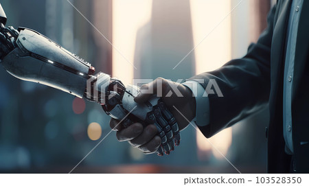 Businessman in a suit shaking hands with an AI robot Generative AI. 103528350