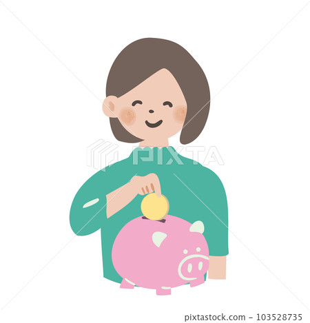 person putting coin into piggy bank person putting coin into piggy bank 103528735