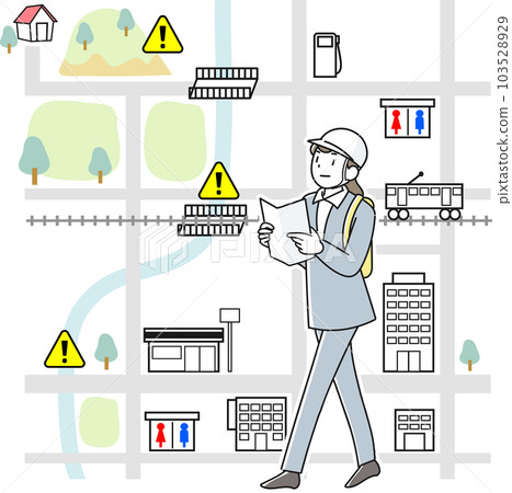 A young woman walking home from work with a map in hand during a disaster 103528929