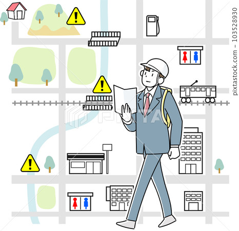 A young man walking home from work with a map in hand during a disaster A young man walking home from work with a map in hand during a disaster 103528930