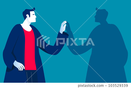 Finding and meeting shadow personality. Person discovering unknown hidden Finding and meeting shadow personality. Person discovering unknown hidden 103529339