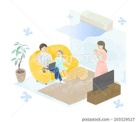 Vector illustration: A family relaxing in the living room with the air conditioner on 103529527