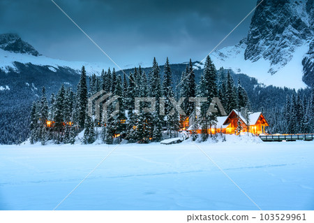 Emerald Lake with wooden lodge glowing in snowy pine forest on winter at Yoho national park 103529961