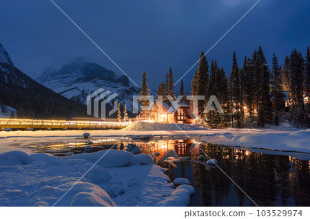 Emerald Lake with wooden lodge glowing in snowy pine forest on winter at Yoho national park 103529974