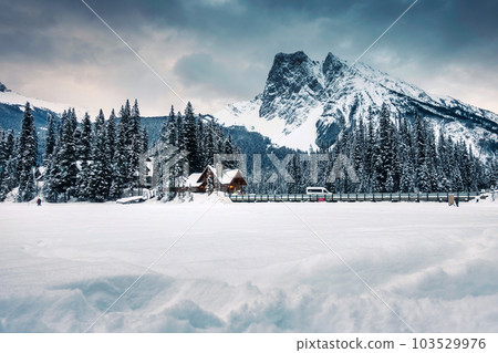 Emerald Lake with wooden lodge and rocky mountains with snow covered on winter at Yoho national park Emerald Lake with wooden lodge and rocky mountains with snow covered on winter at Yoho national park 103529976