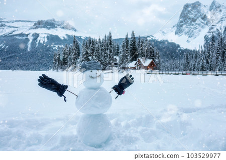 Happy snowman with beanie and glove in wintertime on wooden house village background 103529977
