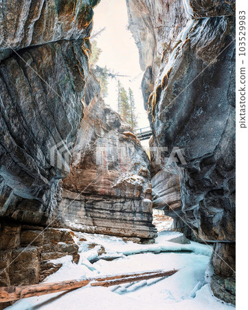 Maligne Canyon with ice in Canadian Rockies on winter at Jasper national park 103529983