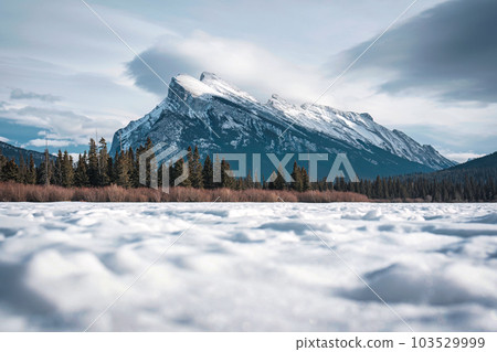 Frozen Vermillion Lake with Mount Rundle and snow covered in winter on sunny day at Banff national park 103529999