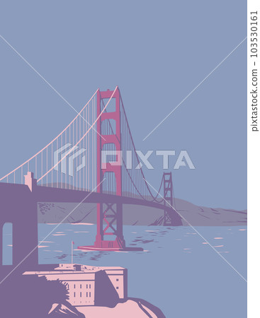 Golden Gate Bridge Linking San Francisco to Marin County California WPA Art Deco Poster Golden Gate Bridge Linking San Francisco to Marin County California WPA Art Deco Poster 103530161