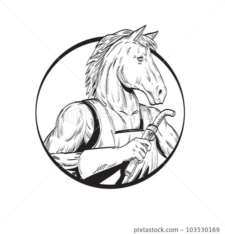 Horse Stallion With Welding Torch Circle Line Drawing Black and White 103530169
