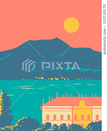 Lake Como Lago di Como Lario With Villa and Alps and Bellagio Italy WPA Art Deco Poster 103530170