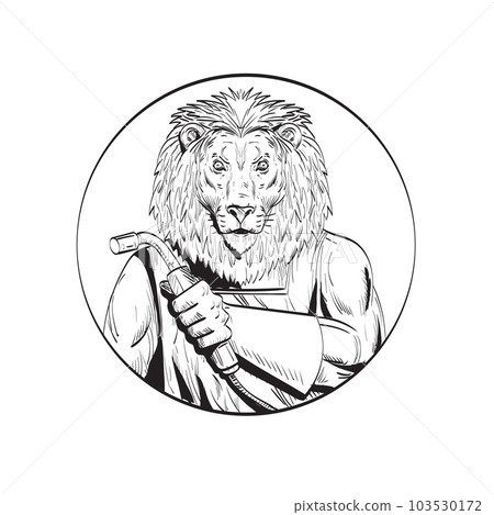 Lion Welder With Welding Torch Circle Line Drawing Black and White 103530172