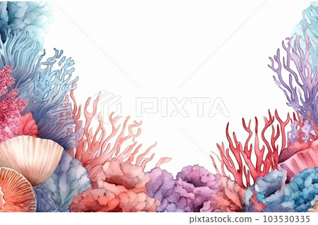 水彩珊瑚和貝殼框架AI圖像 水彩珊瑚和貝殼框架AI圖像 103530335