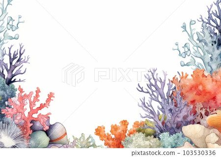 水彩珊瑚和貝殼框架AI圖像 水彩珊瑚和貝殼框架AI圖像 103530336