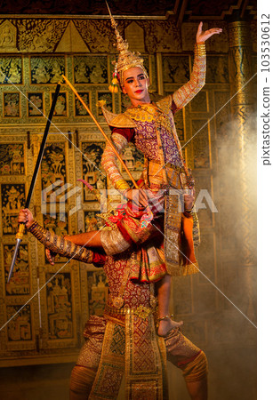 Vertical image of Khon or traditional Thai classic masked from the Ramakien characters dance Vertical image of Khon or traditional Thai classic masked from the Ramakien characters dance 103530612