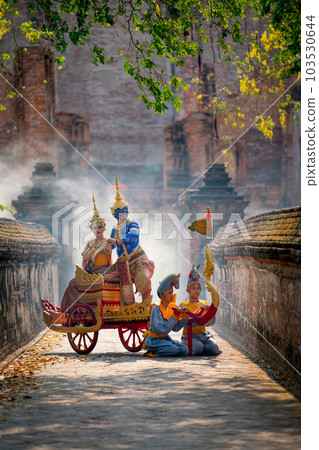 Vertical image of Khon Thai classic masked from the Ramakien with characters of woman and bluemonkey 103530644