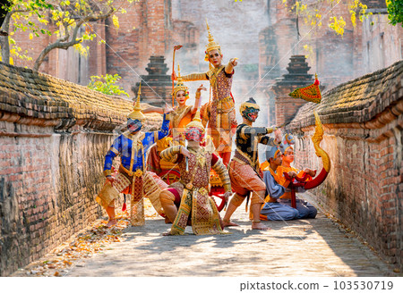 Small group of Khon or traditional Thai classic masked from the Ramakien characters stand together 103530719
