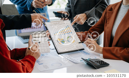 Working team meeting concept, business using laptop and smart phone and digital tablet computer with digital marketing media  in virtual icon network diagram office 103531170