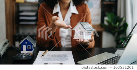 Considering buying a home, investing in real estate. Broker signs a sales agreement. agent, lease agreement, successful deal . 103531201