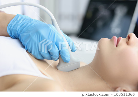 Adult woman undergoes ultrasound of thyroid gland in office of female doctor 103531366